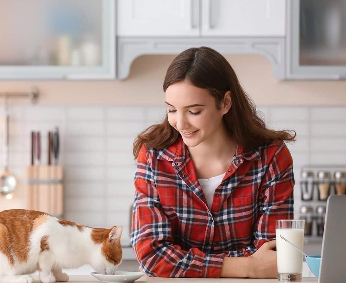 A woman in a red plaid shirt smiles and watches a white and orange cat drinking from a bowl on a kitchen counter, with a glass of milk and a laptop nearby.